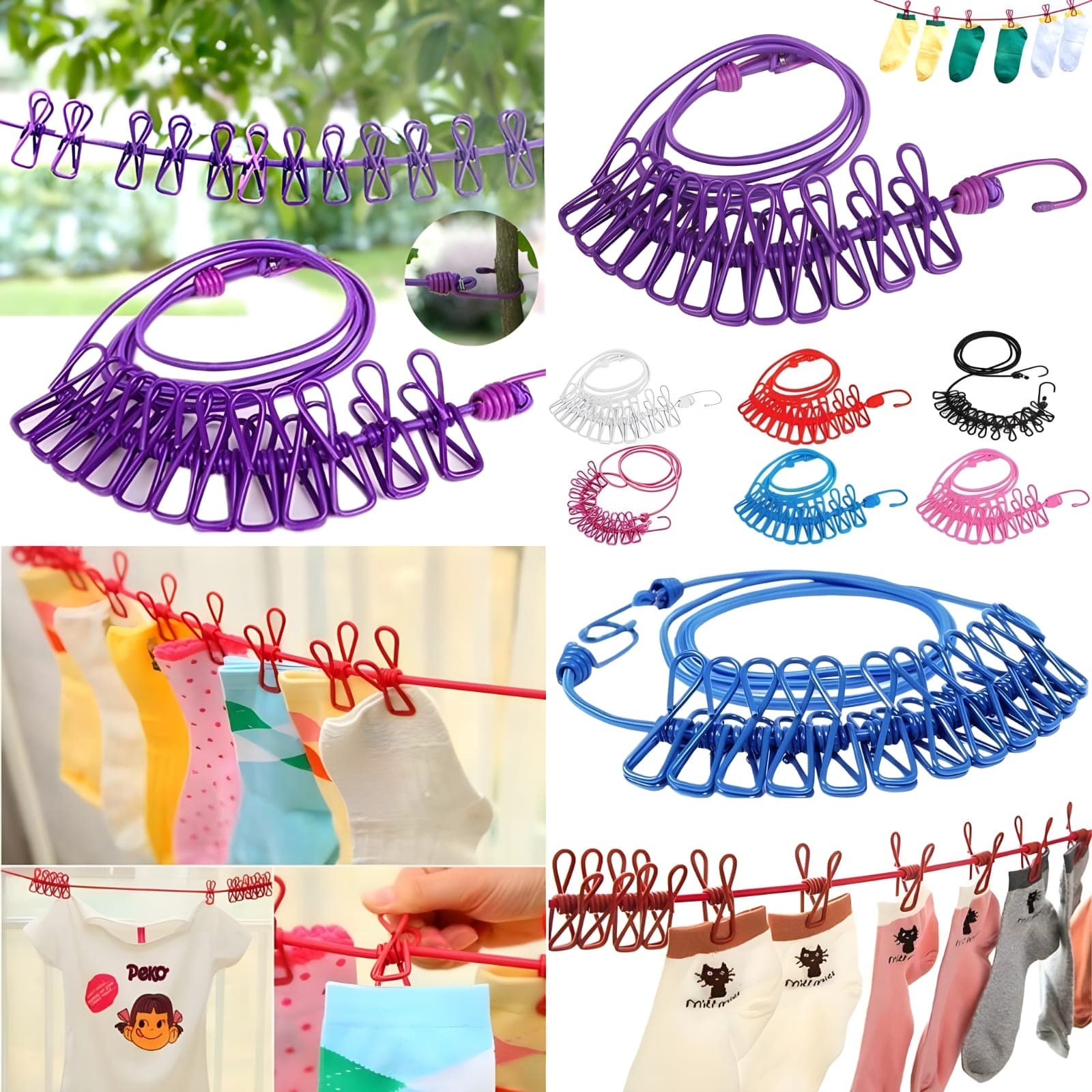 Cloth Drying Rope with 12 Clips and Cloth Hanging Rope for Cloth Drying Multicolor view 2