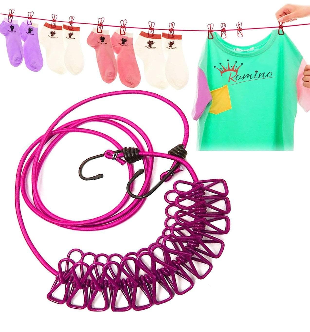 Cloth Drying Rope with 12 Clips and Cloth Hanging Rope for Cloth Drying Multicolor view 5