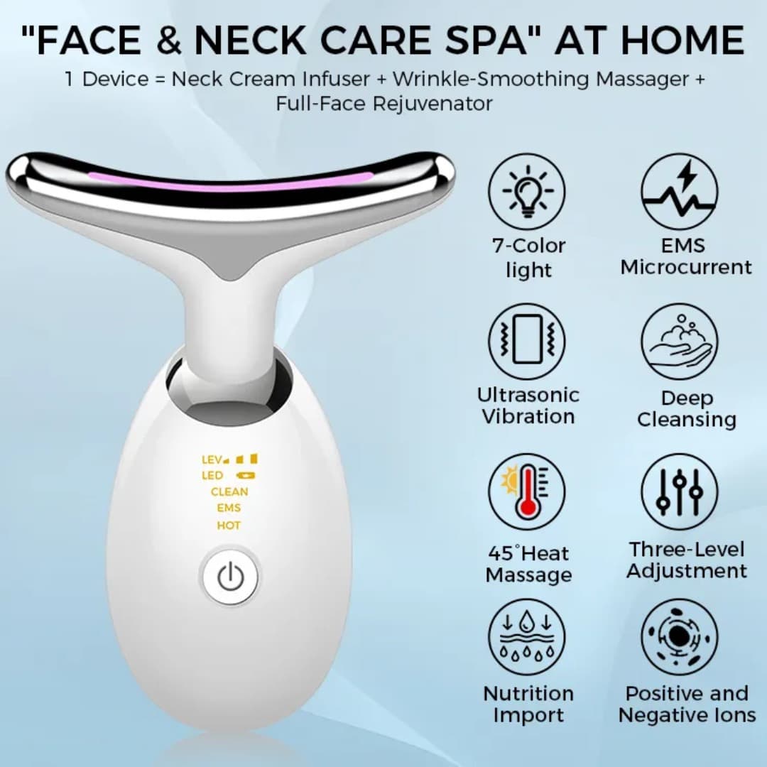 ES-1081 Neck & Face Beauty Massager – 7 Color LED Photon Therapy , 45°C Hot Compress , Anti‑Aging,  Skin Tightening And Lifting Device