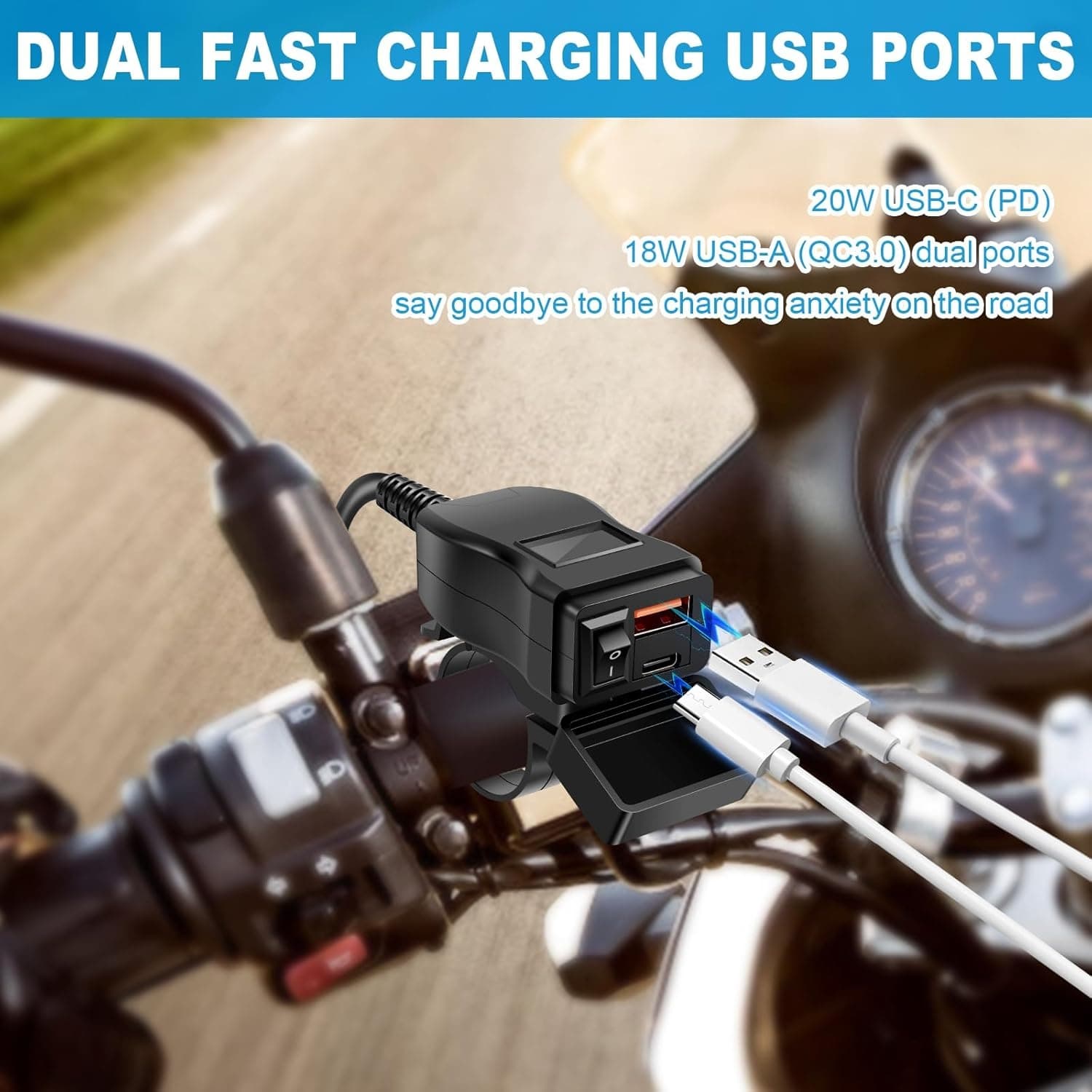2 In 1 Waterproof Motorcycle Bike Charger Type-C & USB & Power Switch view 2