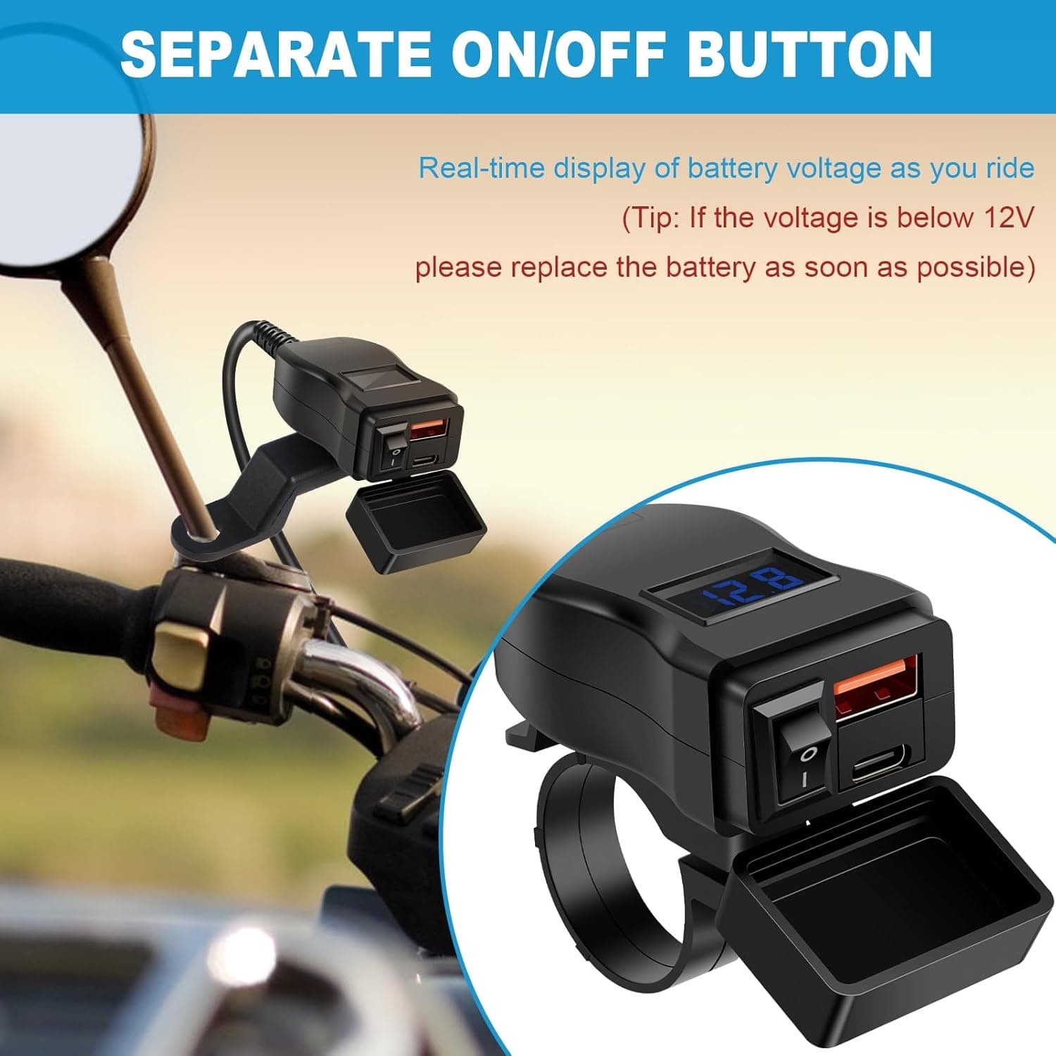 2 In 1 Waterproof Motorcycle Bike Charger Type-C & USB & Power Switch view 5