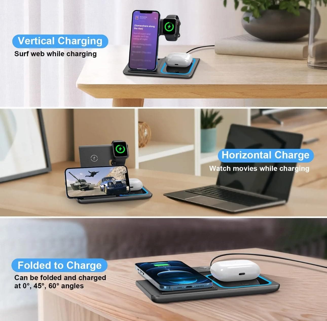 3 In 1 Foldable Wireless Charger Station For Phone Watch And Earbuds view 3