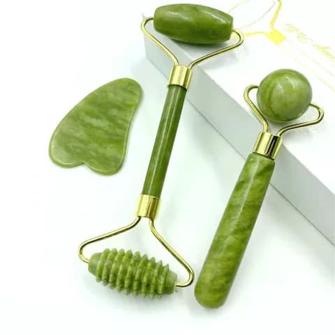 3 Sets Handheld White Green Quartz Jade Roller Gua Sha Beauty Facial Massage