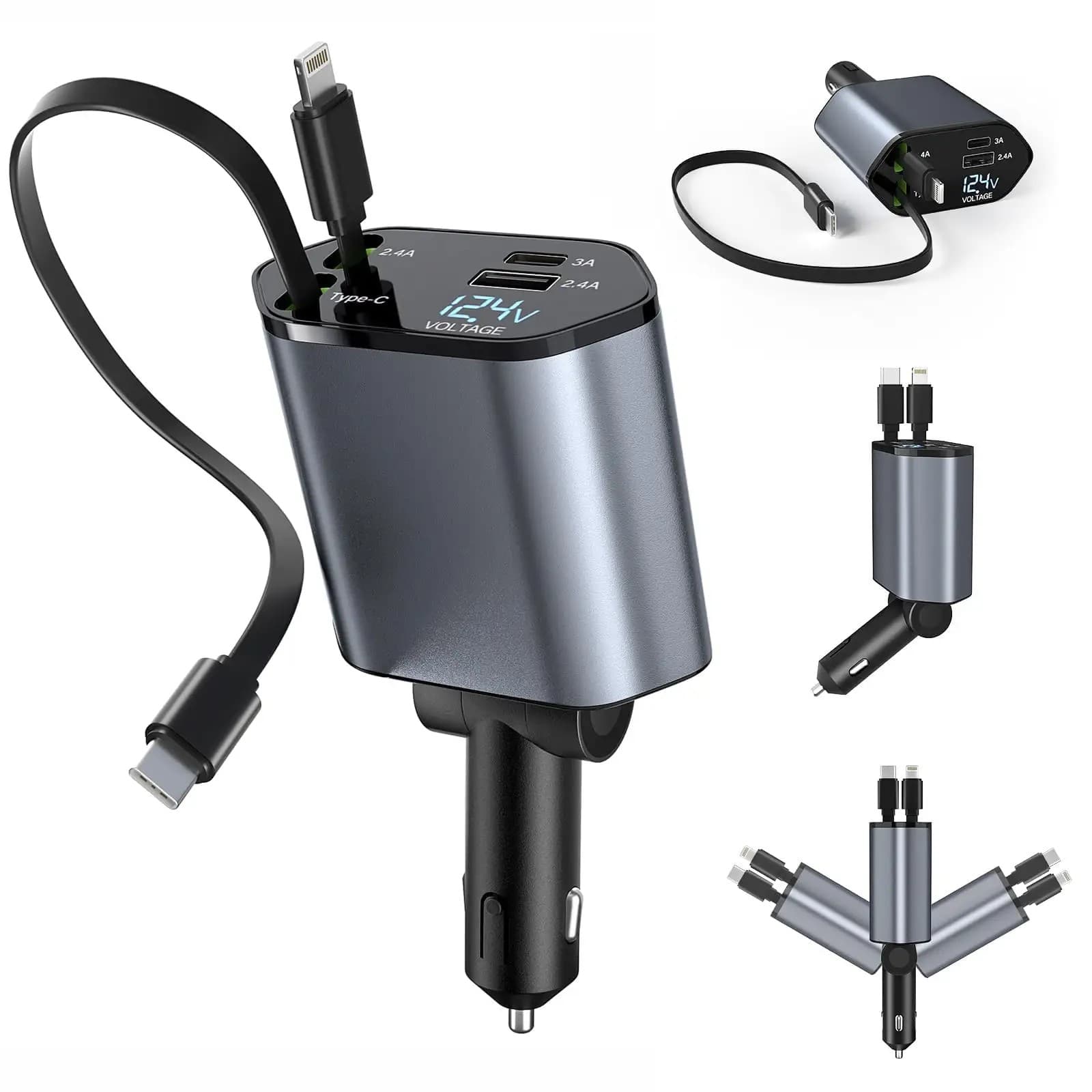 4 In 1 120W Retractable Cable Super Fast Charging Voltage Display Car Charger