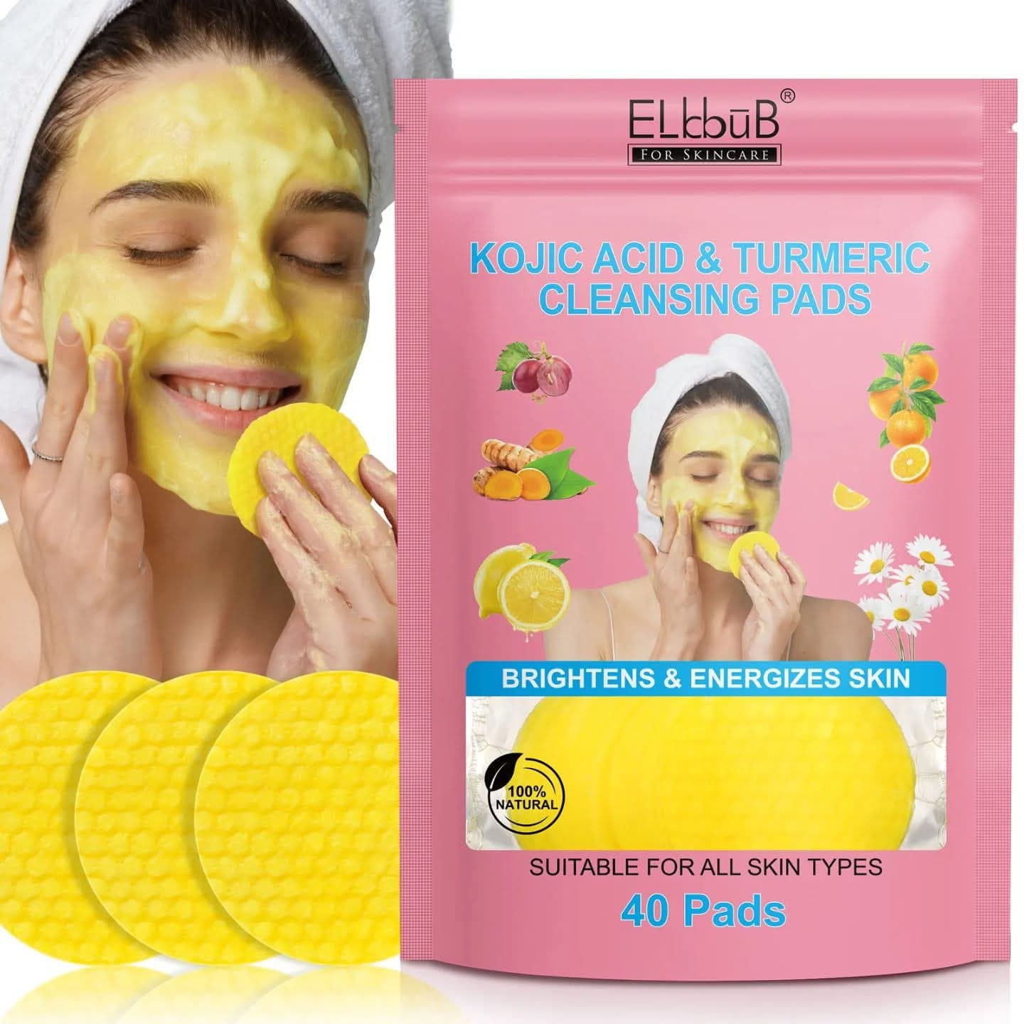 40 Pcs Kojic Acid and Turmeric Cleansing Pads, Turmeric Cleansing Pads, Face Turmeric Kojic Acid Pads