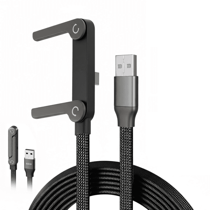 65W Braided USB-C Fast Charging Cable with Built-in 360° Foldable Metal Phone Stand