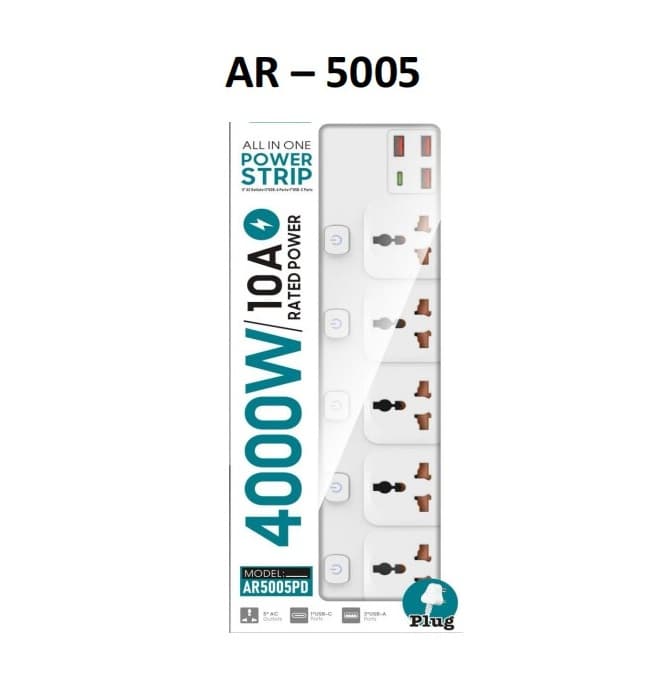 Armor AR 5005 4000W Power Strip With 5 AC Outlets, 3 USB + 1 Type-C PD Port (3-Meter Cable) view 2