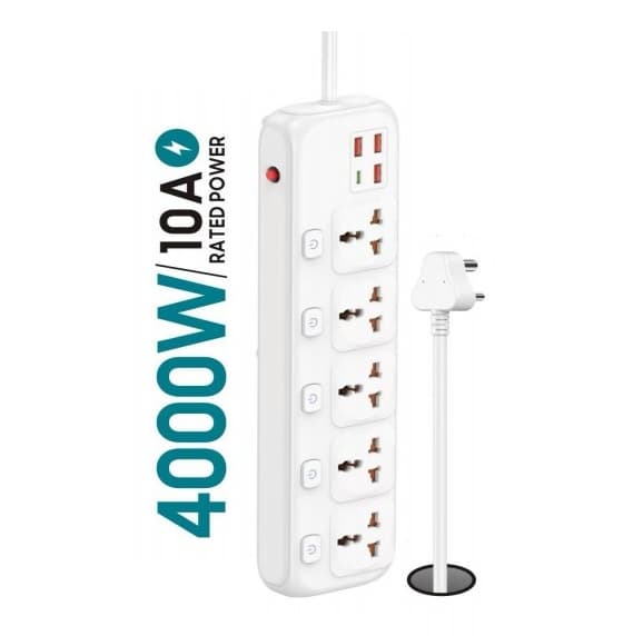 Armor AR 5005 4000W Power Strip With 5 AC Outlets, 3 USB + 1 Type-C PD Port (3-Meter Cable)