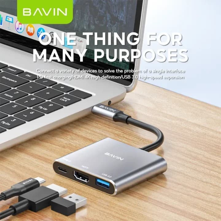 BAVIN O55 3In1 TYPE C To HDMI 4K HUB With USB Port 3.0 100W PD USB-C Port HDTV view 3