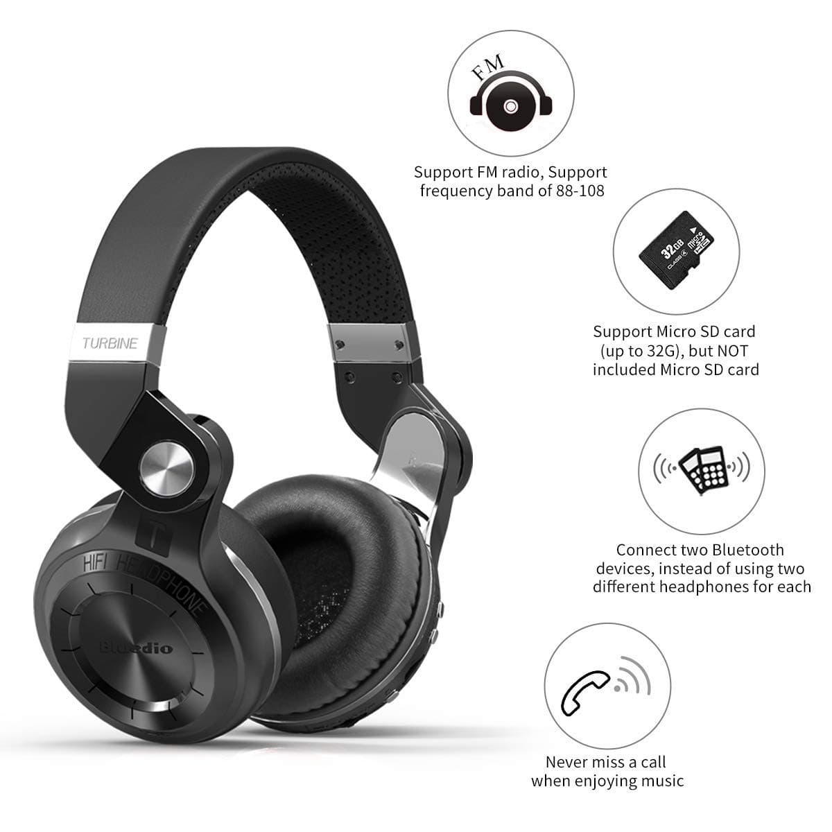 Bluedio T2 Plus Turbine Wireless Bluetooth Headphones with Mic/Micro SD Card Slot/FM Radio view 2