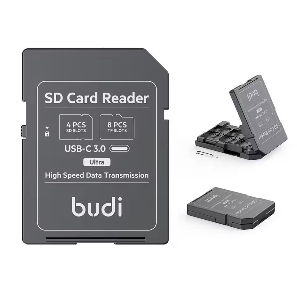 BUDI SD/TF Card Reader with SD Card Appearance Design 4 SD Slots & 8 TF Slots New Multifunctional High-Speed Memory Card Reader