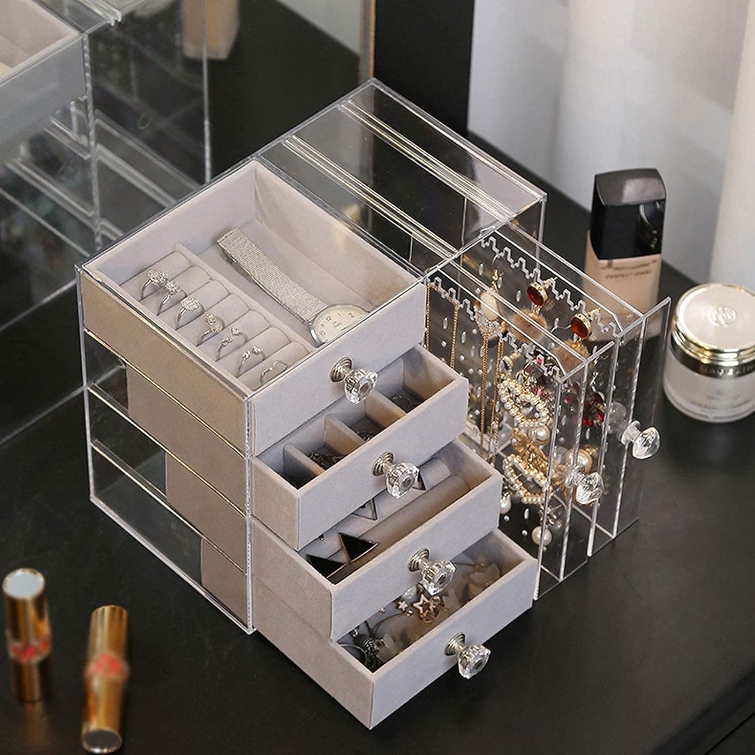 Clear Acrylic Jewelry Organizer – 4-Drawer Jewelry Box & Hanging Earring Holder