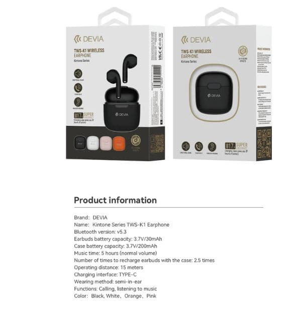 DEVIA TWS K1 Kintone Series Wireless Earbuds Type C Charging view 4