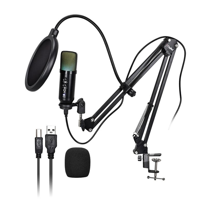 Digitek DM 401 RGB USB Condenser Microphone Kit With Boom Arm, Pop Filter, Shock Mount, Mic Cover, Desktop Mount, Tripod & 1.5M USB Cable.