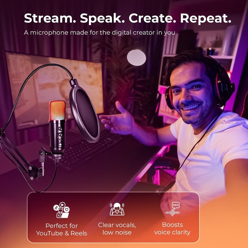 Digitek DM 401 RGB USB Condenser Microphone Kit With Boom Arm, Pop Filter, Shock Mount, Mic Cover, Desktop Mount, Tripod & 1.5M USB Cable. view 3