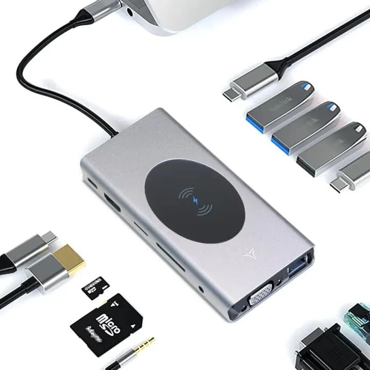 Docking Station USB C Hub 13‑in‑1 With Wireless Charging Station, USB C to HDMI, Ethernet, VGA, 5 USB and SD/TF 3.5mm Audio