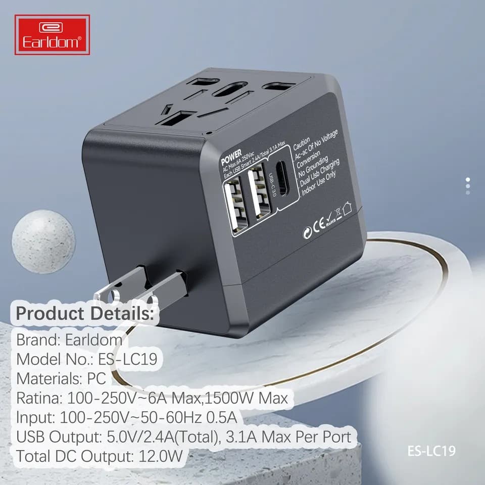 Earldom LC19 USB International Travel Adapter With Type C To USB 3.1 Charger view 2