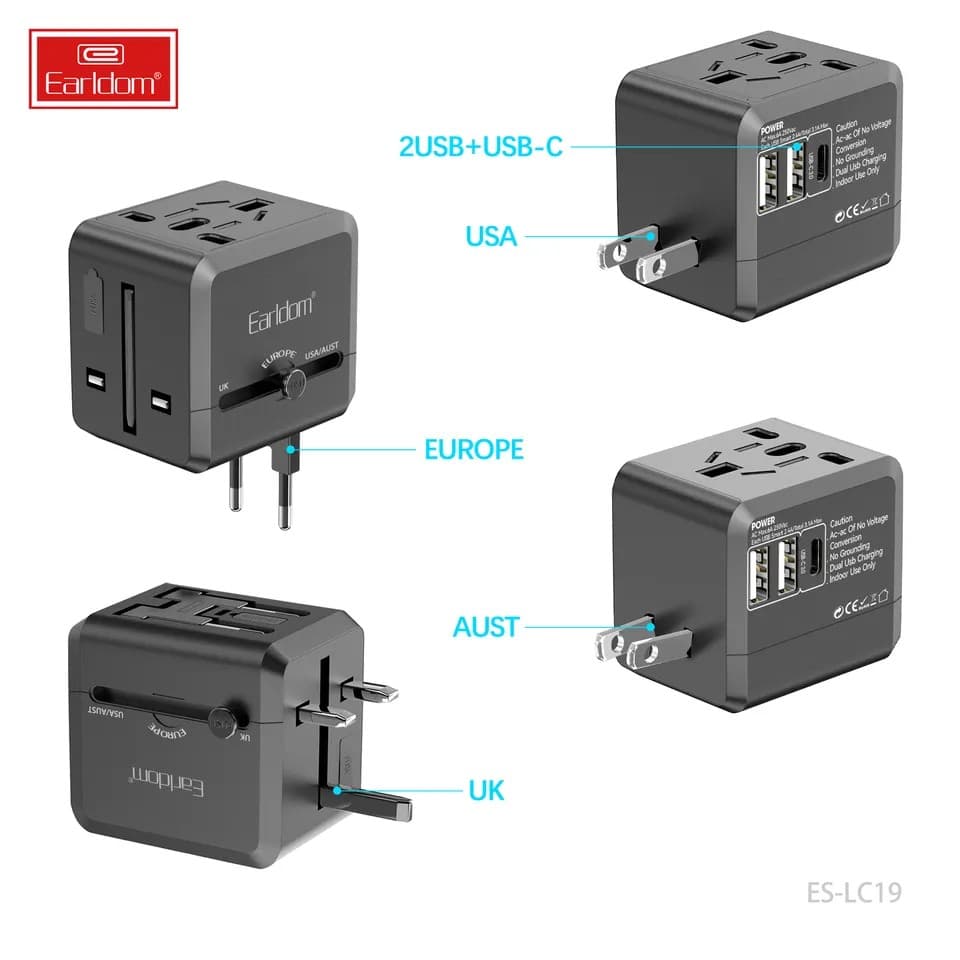 Earldom LC19 USB International Travel Adapter With Type C To USB 3.1 Charger