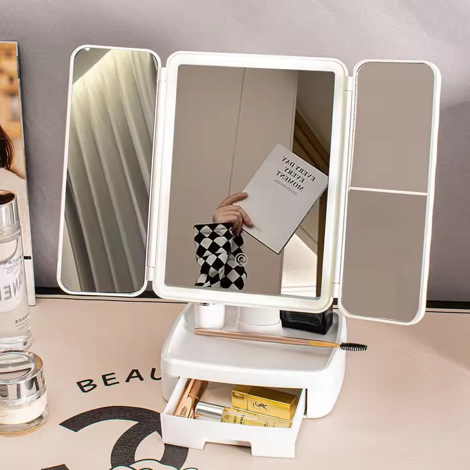 Folding LED Makeup Mirror - 3 Tone Portable Compact Desktop Vanity Mirror