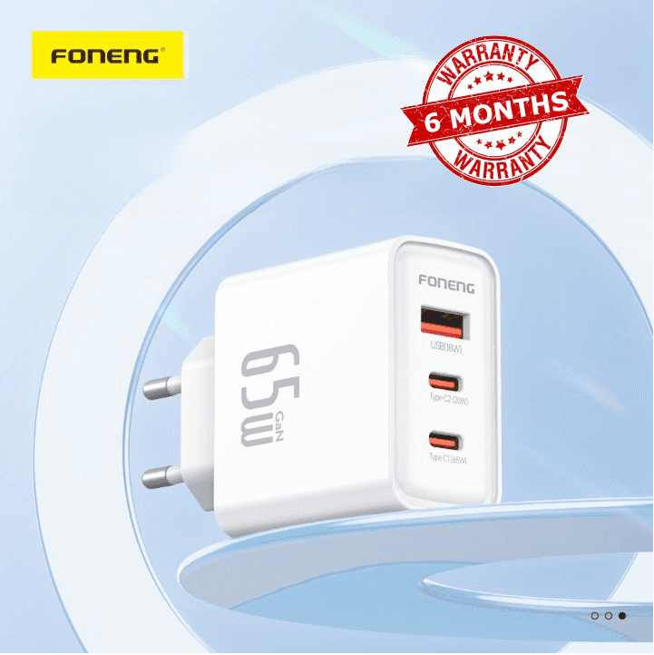 FONENG GaN50 65W 3-Port USB-A + Dual USB-C GaN Fast Charger With Type C Cable