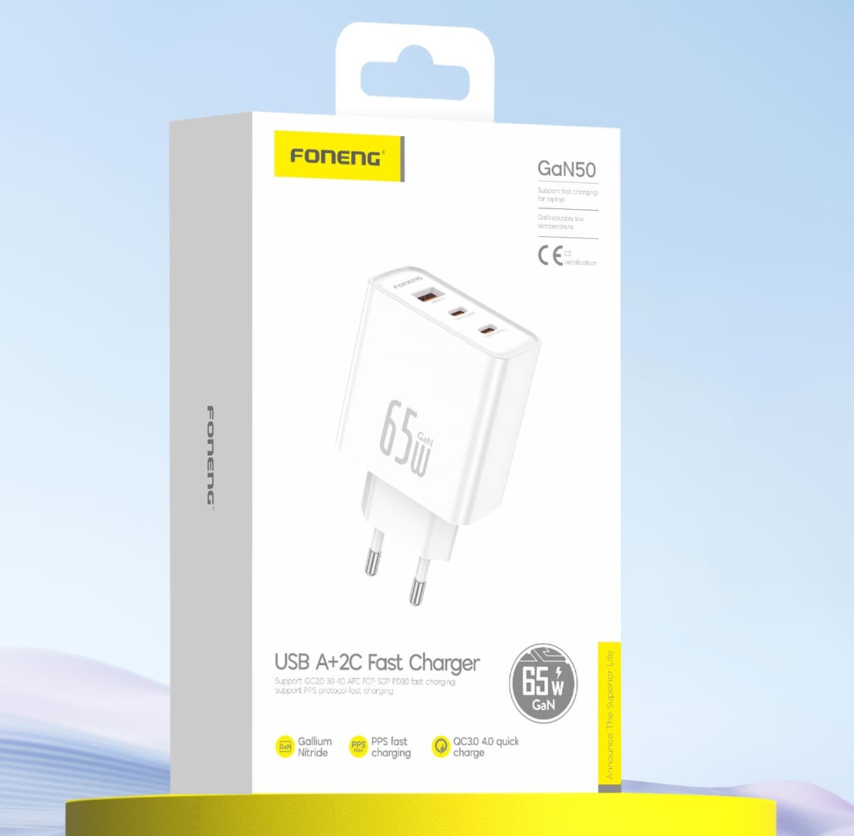 FONENG GaN50 65W 3-Port USB-A + Dual USB-C GaN Fast Charger With Type C Cable view 5