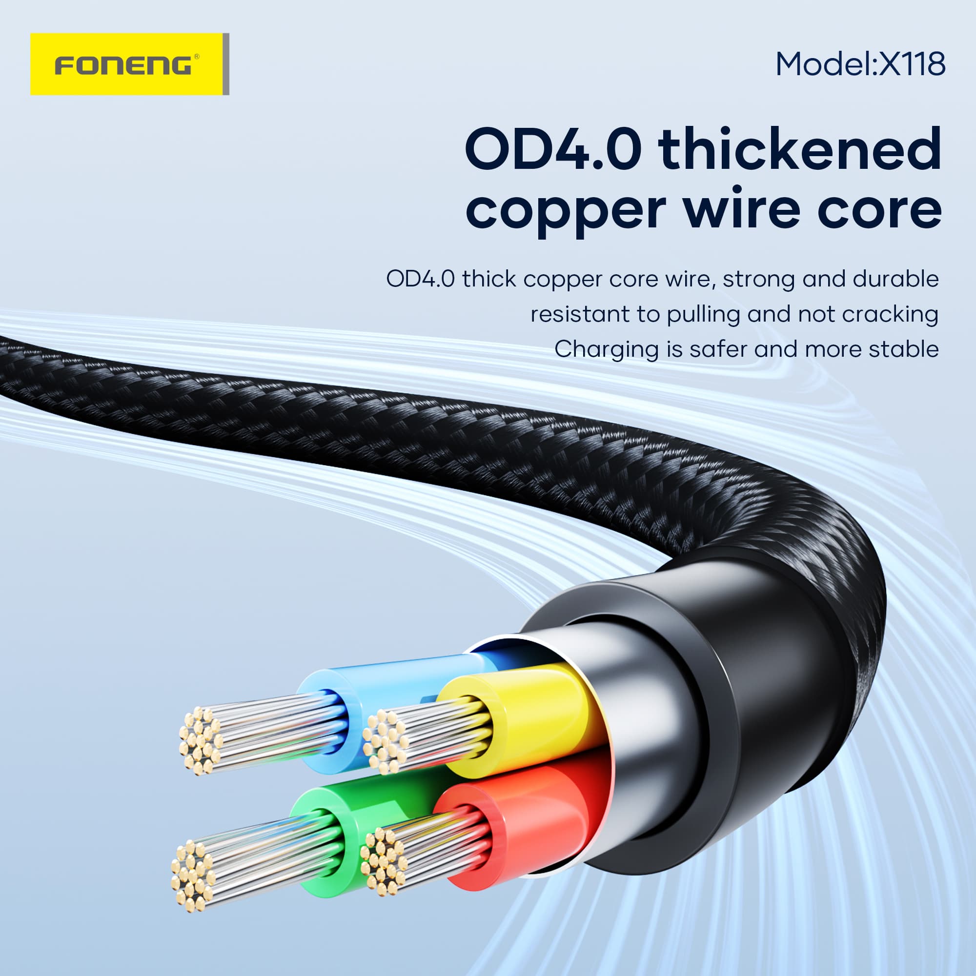 FONENG X118 1.2M PD 27W Flowing Light Zinc Alloy Head Braided Fast Charging Cable view 3
