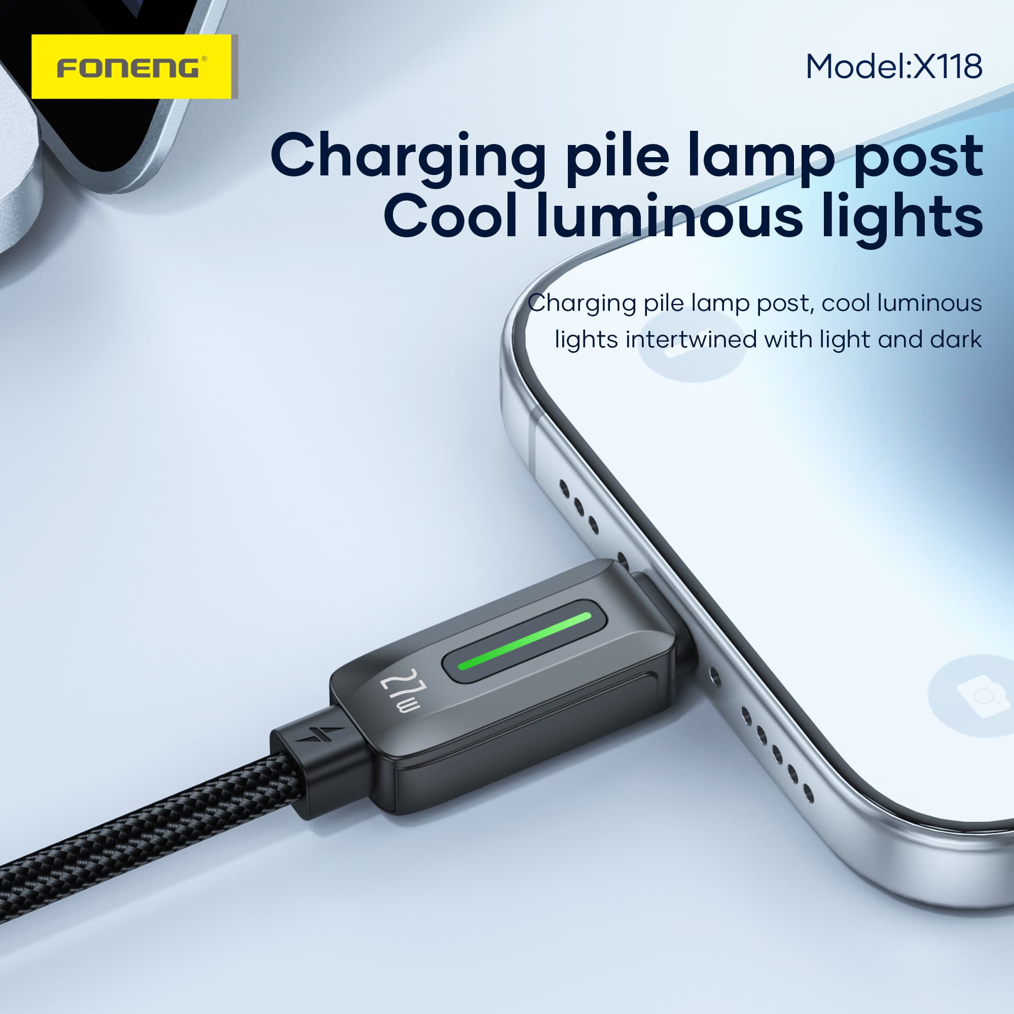FONENG X118 1.2M PD 27W Flowing Light Zinc Alloy Head Braided Fast Charging Cable view 4