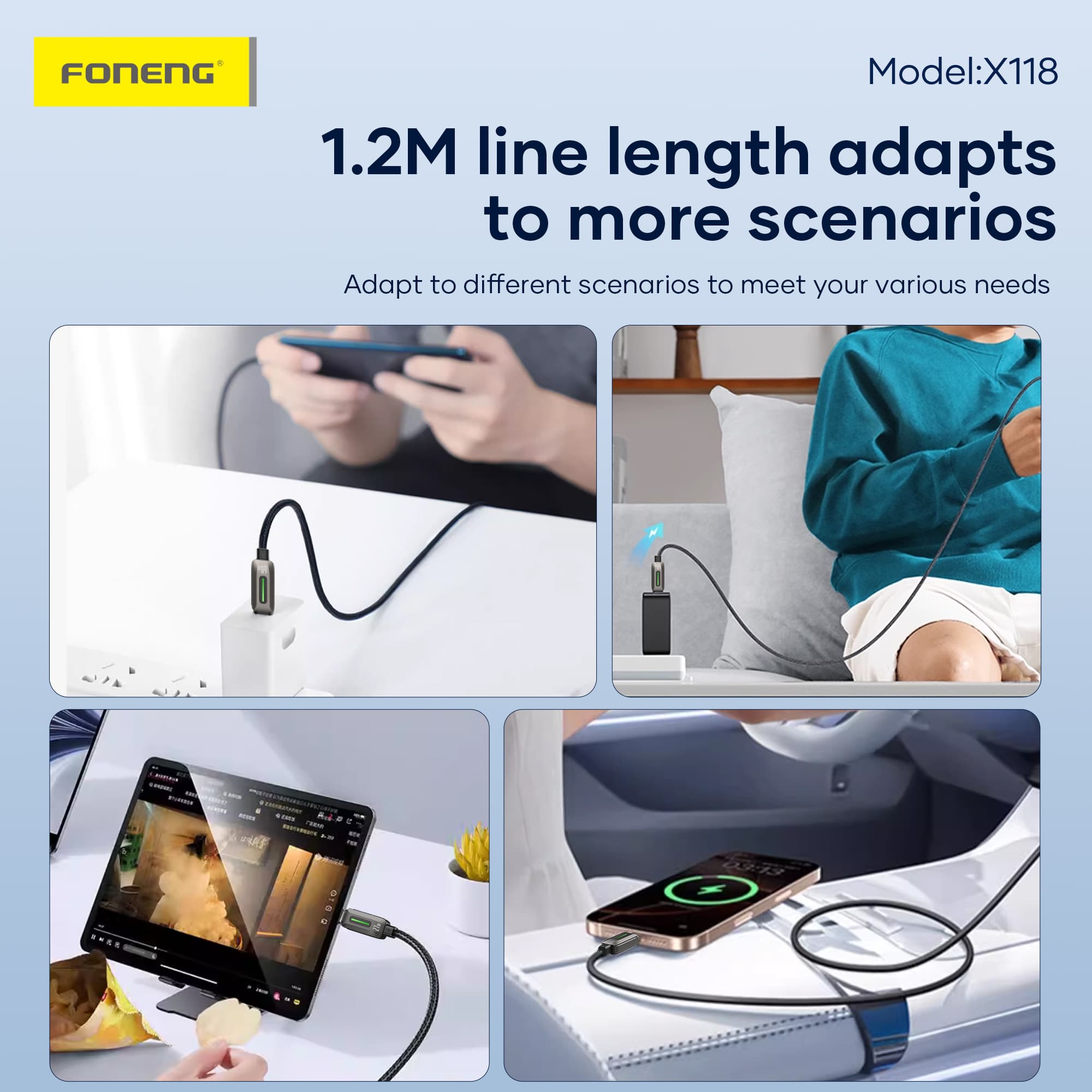 FONENG X118 1.2M PD 27W Flowing Light Zinc Alloy Head Braided Fast Charging Cable view 2
