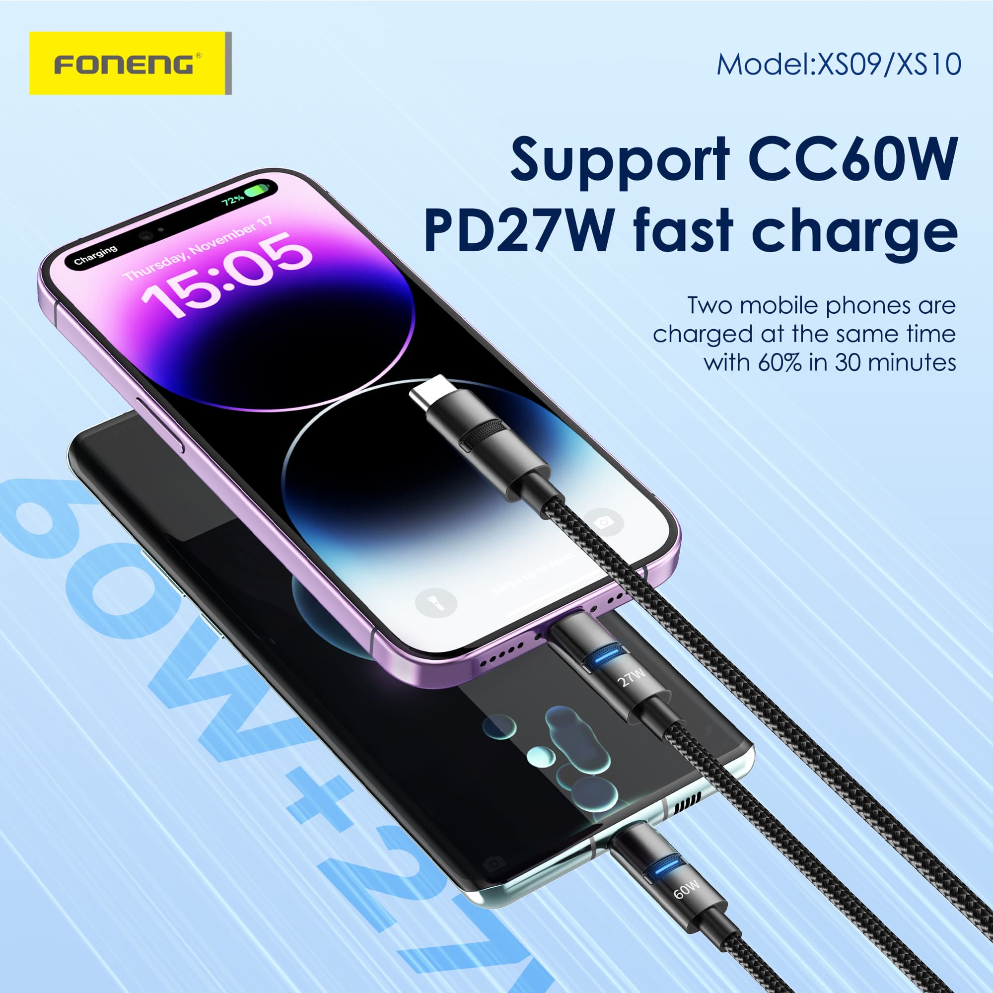 Foneng XS10 1.2M 2 In 1 Metal Head Braided Cable 60W Fast Charging view 5