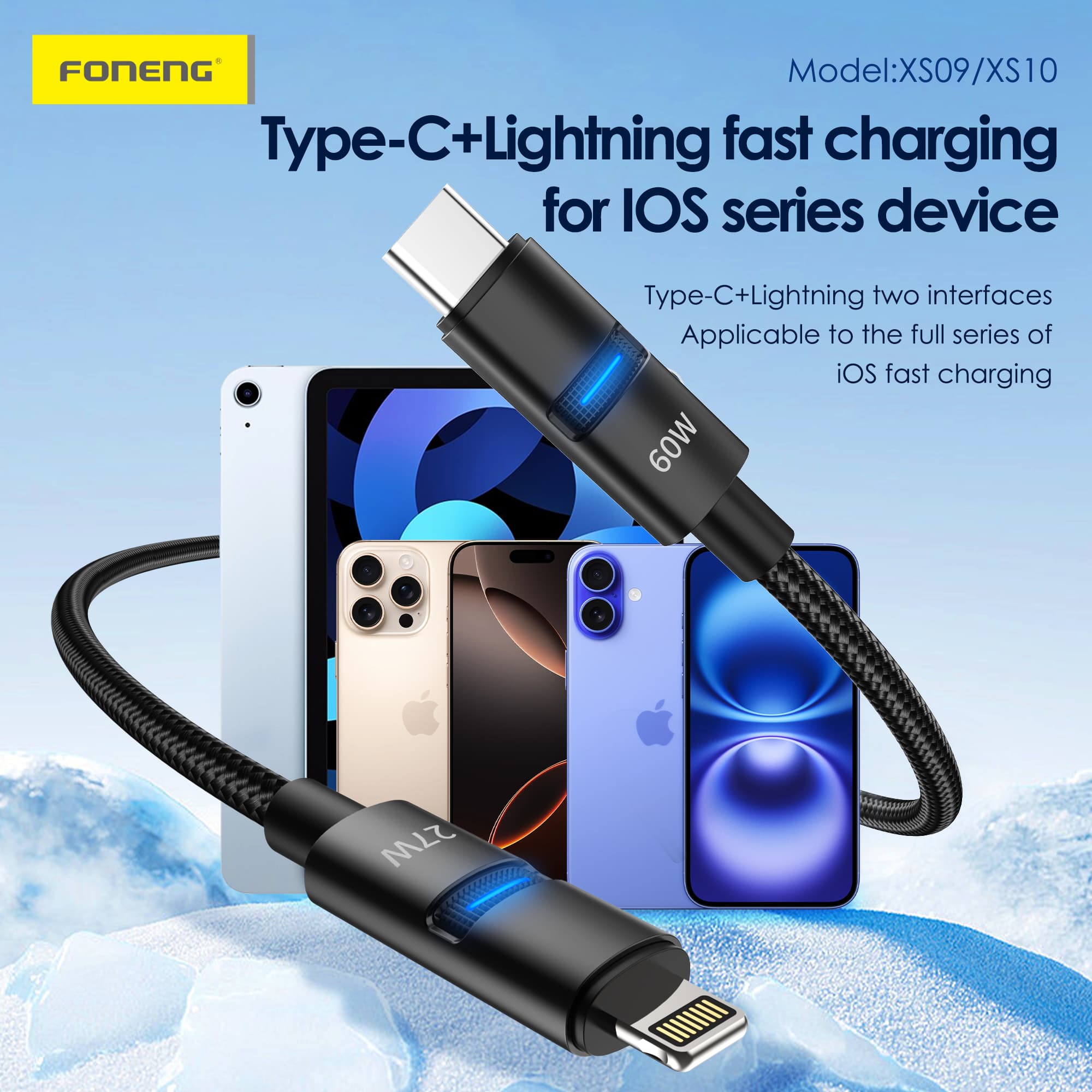Foneng XS10 1.2M 2 In 1 Metal Head Braided Cable 60W Fast Charging view 2