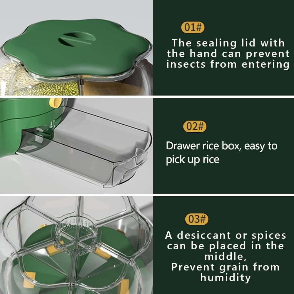 Food Grain Storage Container 360° Rotatable Dustproof Sealed Transparent Rice Bucket 6 Grid For Home Kitchen view 4