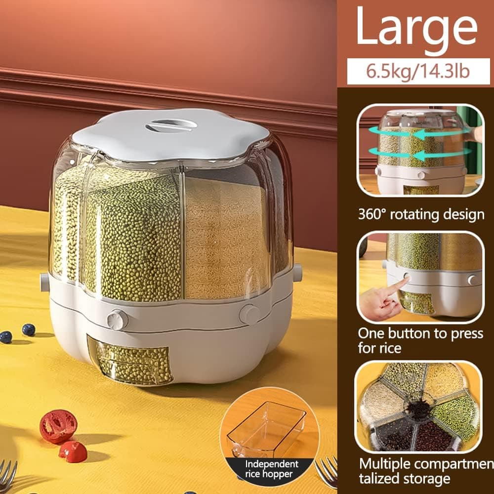 Food Grain Storage Container 360° Rotatable Dustproof Sealed Transparent Rice Bucket 6 Grid For Home Kitchen