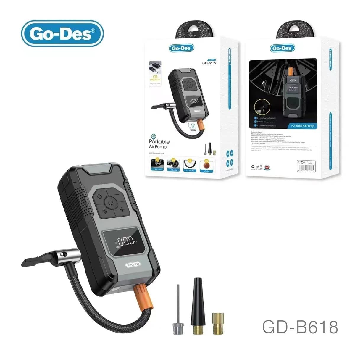 Go Des GDB618 Rechargeable Portable Cordless Digital Air Pump Tire Inflator Compressor Tyre Pump With 5000Mah Power Bank view 2