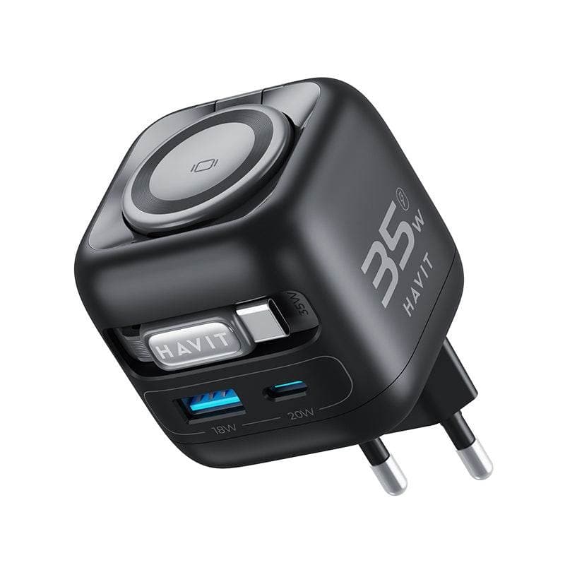 HAVIT UC250 35W GaN Travel Charger With Retractable Cable & Watch Charger