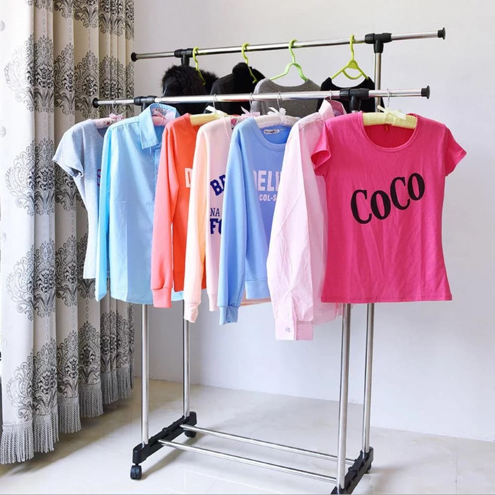 Heavy Duty Double Adjustable Portable Clothes Hanger Rolling Garment Rack Rail Shelf