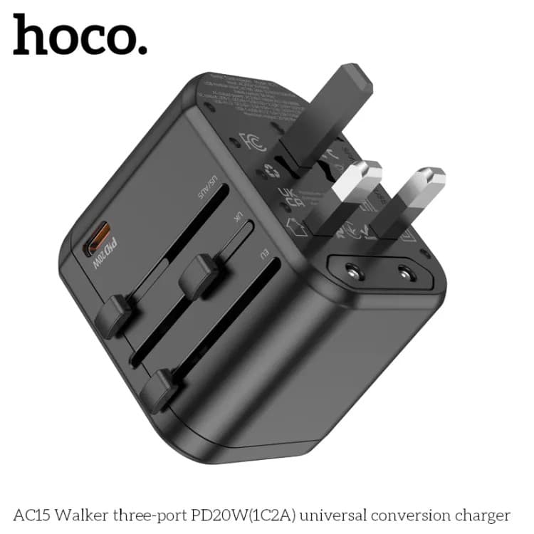 Hoco AC15 PD20W(1C2A) Three Port Multi Function Universal Travel Adapter view 2