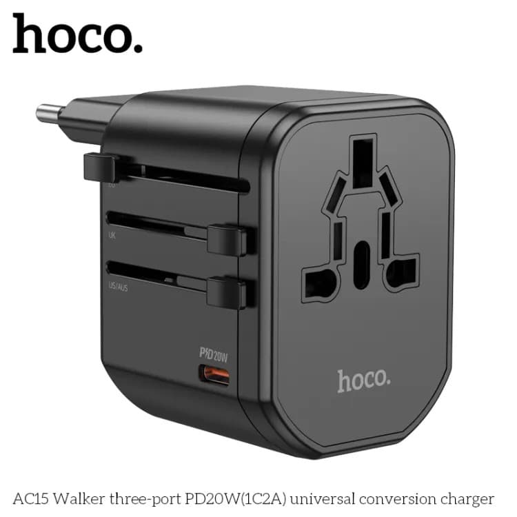 Hoco AC15 PD20W(1C2A) Three Port Multi Function Universal Travel Adapter