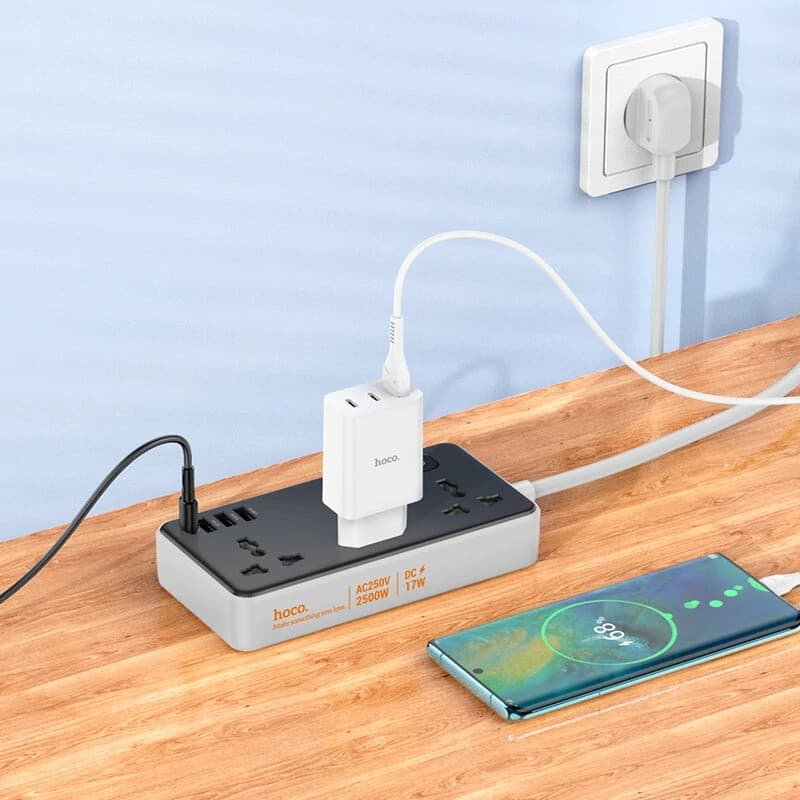 Hoco AC7A 10A 17W 7 Port USB Charger 3USB-A+1USB-C+3AC Fast Charging Multiplug view 3