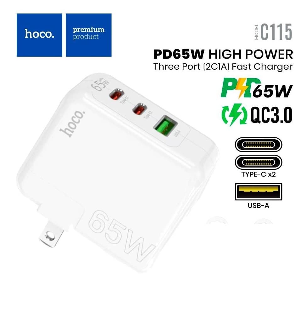 Hoco C115 PD 65W Wall Charger With Three Ports