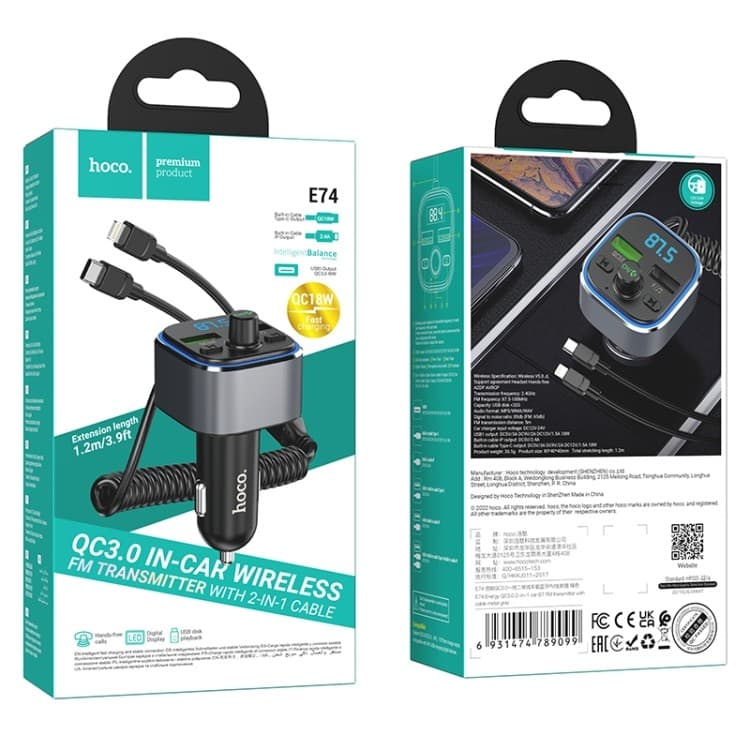 HOCO E74 Car Dual USB Charger Bluetooth FM Transmitter With 2 In 1 Cable view 3