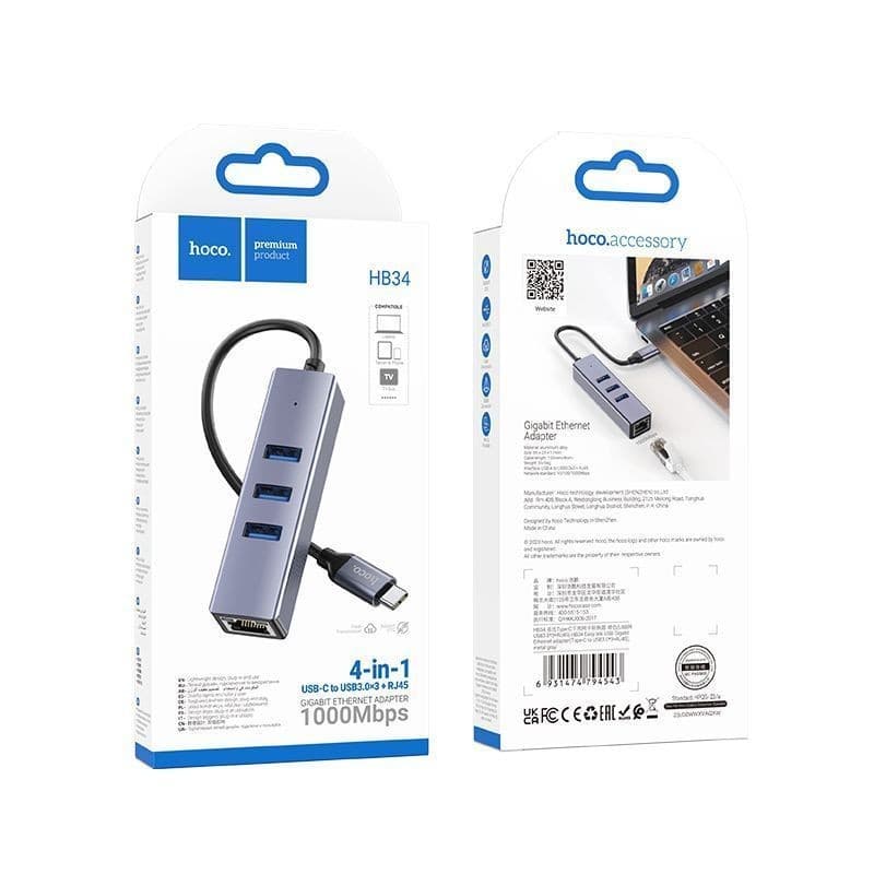 Hoco HB34 Type C to 4 (USB 3.0*3+RJ45) Gigabyte Adapter view 3