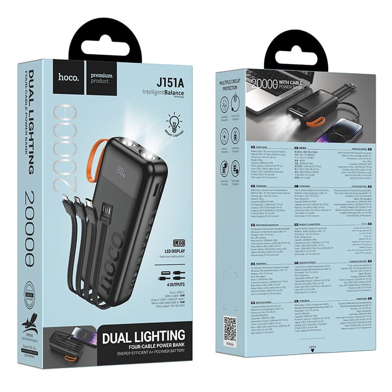 Hoco J151A 20000mAh Powerbank PD Type C 20W And USB-A With Digital Led Indicator And Dual Light view 4