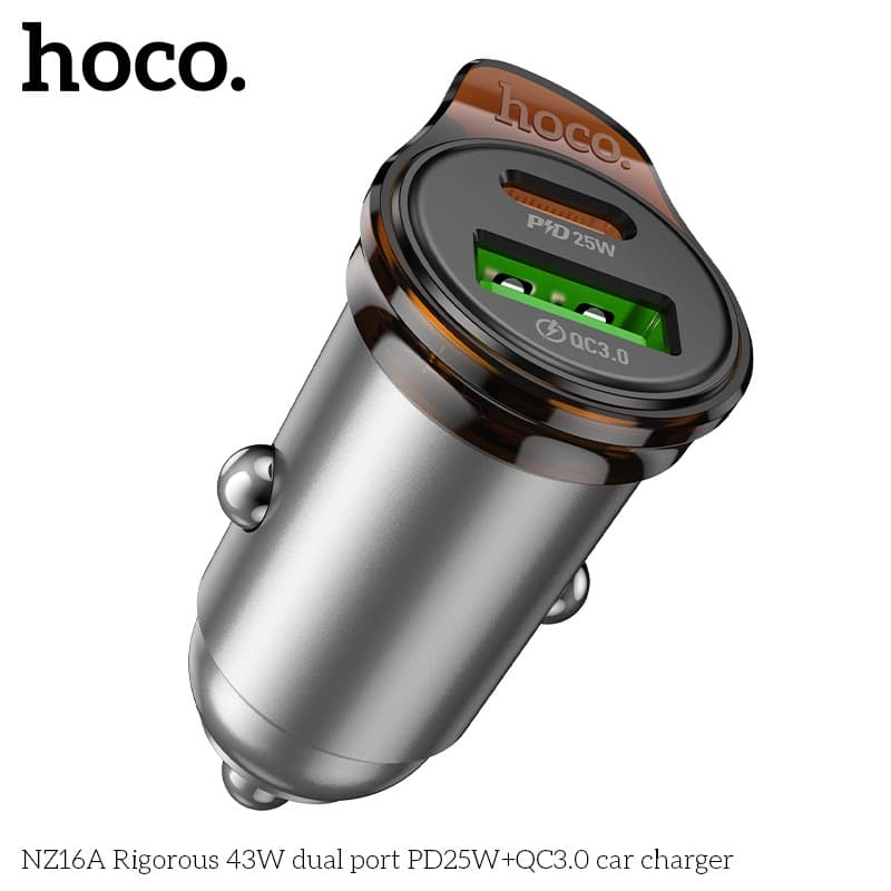 HOCO NZ16A Rigorous 43W Dual‑Port Car Charger (PD 25W + QC 3.0)