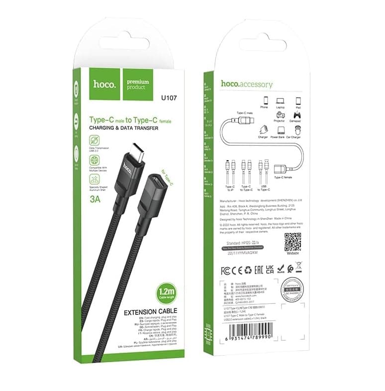 Hoco U107 3A USB C Male To USB C Female Extension Cable view 4