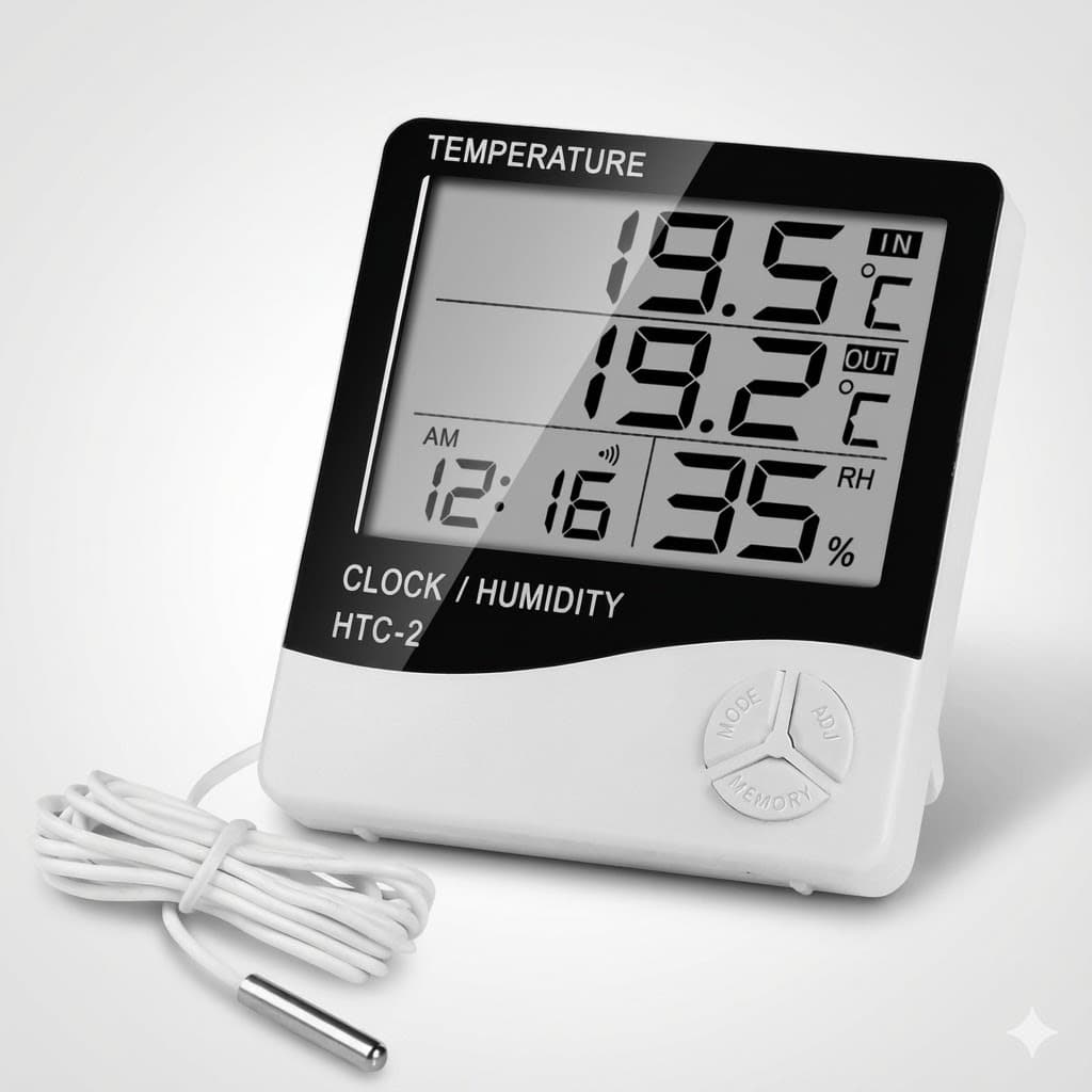 HTC-2 Digital LCD Temperature & Humidity Meter With Clock And 1 m External Probe (°C/°F)