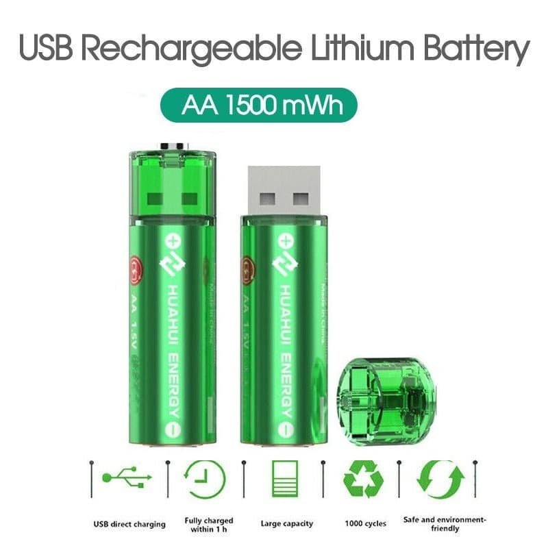 HUAHUI USB Rechargeable Battery 1500mWh AA 2 Piece Pack