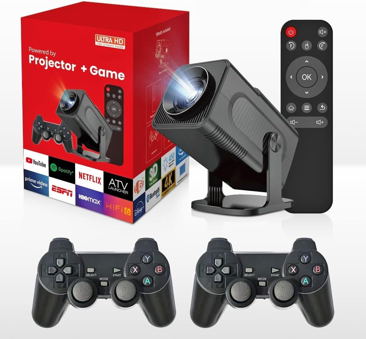 HY320 Android 2 In 1 Gaming Projector 2+32GB Android 14 1080P FHD 4K Support