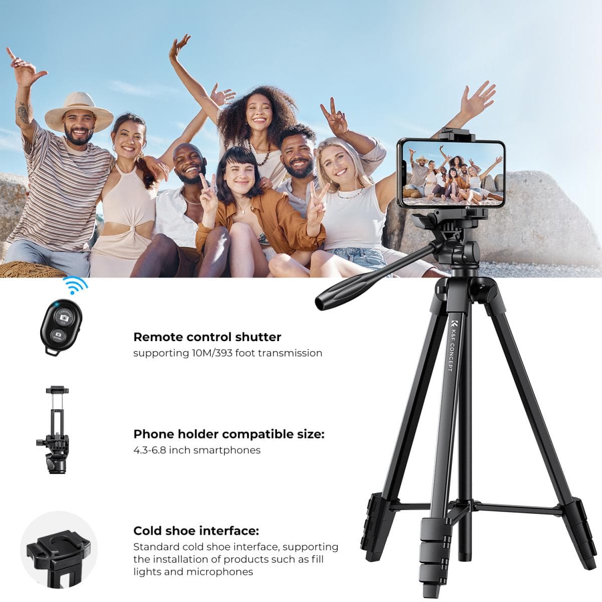 K&F Concept KF09.125 59.4”/1.5 m Aluminum Travel Tripod With Bluetooth Remote view 4