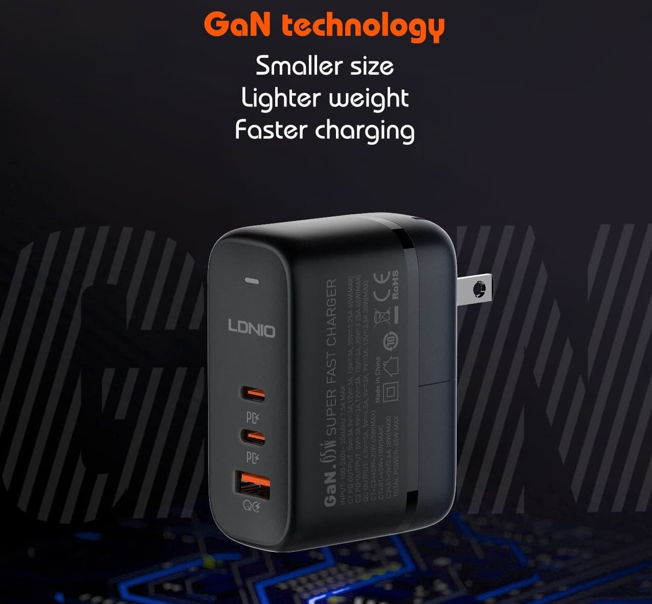 LDNIO Q366 65W GaN Charger With EU US UK Plug Travel adapter view 3