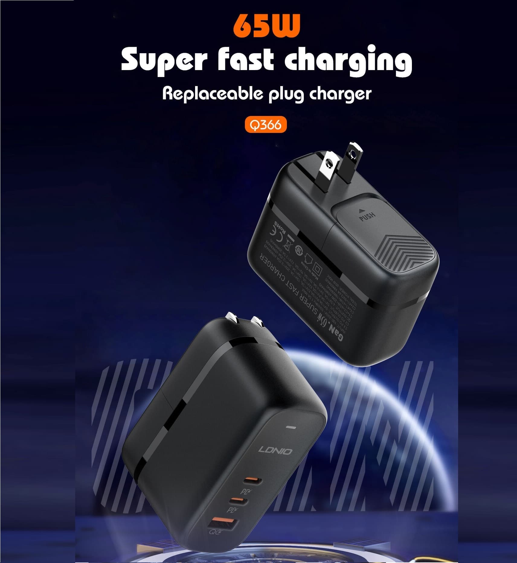 LDNIO Q366 65W GaN Charger With EU US UK Plug Travel adapter